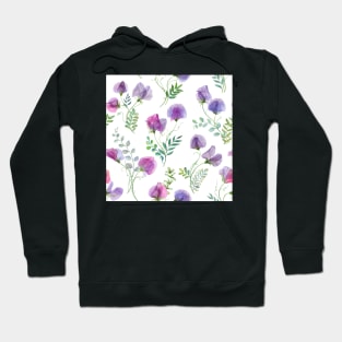 Sweet pea and spring leaves watercolor botanical print. Romantic transparent flowers. Spring floral bouquets Hoodie